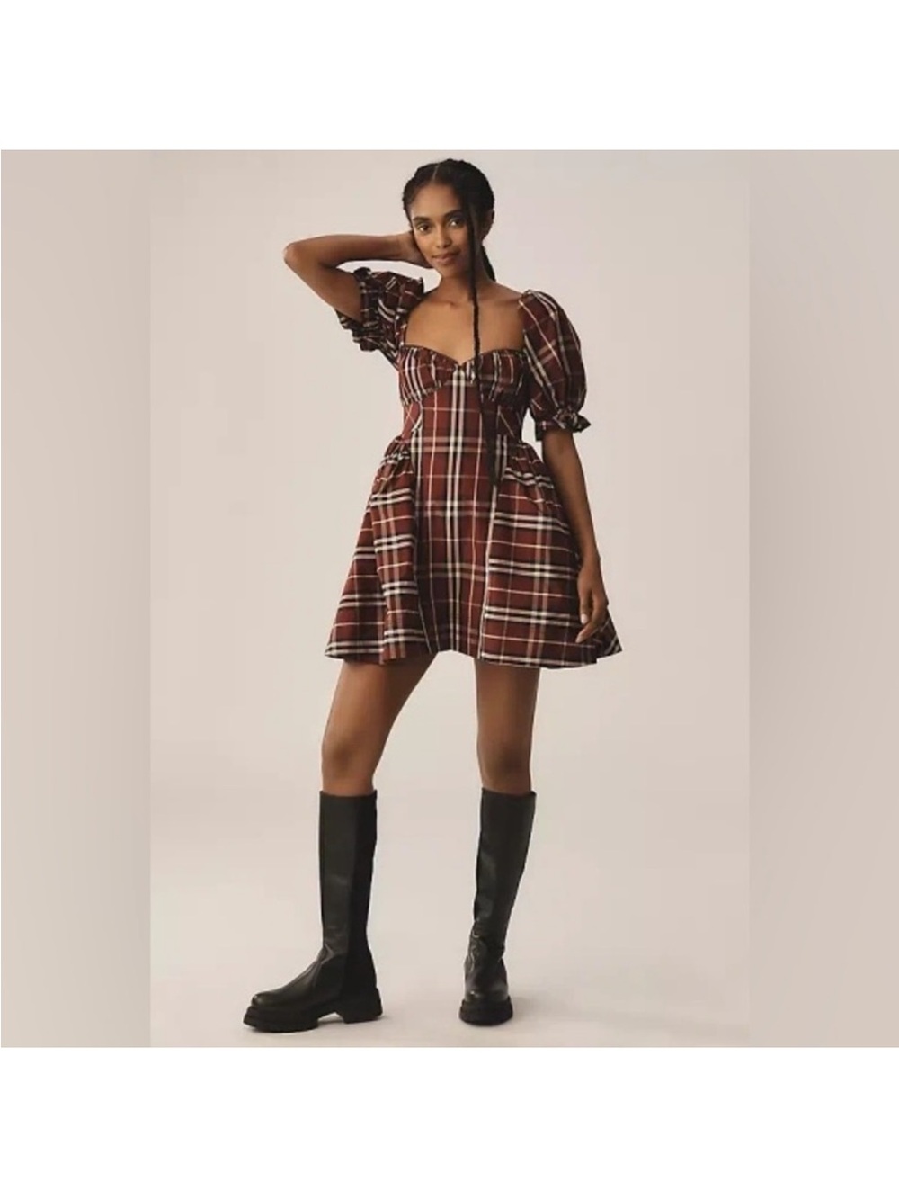 Anthropologie Red Plaid Puff-Sleeve Mini Dress